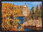 Jesień, Latarnia, Split Rock Lighthouse, Skały, Jezioro, Lake Superior, Minnesota, Stany Zjednoczone