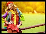 Kobieta, Modelka, Kolorowa, Kurtka, Beret, Łąka, Rozmycie
