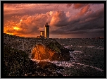 Francja, Latarnia morska Phare du Petit Minou, Morze, Chmury, Zachód słońca