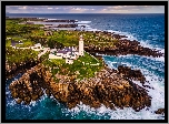 Morze, Latarnia morska, Fanad Head Lighthouse, Skały, Chmury, Portsalon, Irlandia Północna