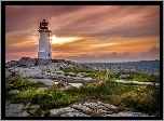 Kanada, Latarnia morska: Peggys Point Lighthouse, Kamienie, Skały, Trawa, Morze, Chmury