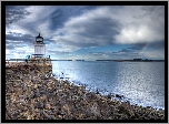 Stany Zjednoczone, Stan Maine, Latarnia morska Portland Breakwater Light, Kamienie, Morze, Tęcza