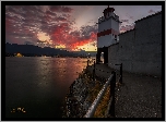 Wschód słońca, Zatoka, Morze, Latarnia morska Brockton Point, Stanley Park, Vancouver, Kanada
