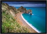 Anglia, Hrabstwo Dorset, Morze, Wybrzeże Jurajskie, Skała, Łuk wapienny, Durdle Door, Chmury, Trawy