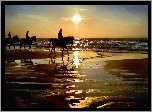 Morze, Plaża, Konie, Dżokeje, Zachód