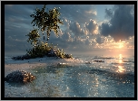 Morze, Palmy, Bezludna, Wyspa, Kamienie, Chmury, Zachód słońca, Grafika AI