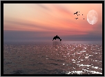 Morze, Delfin, Ptaki, Księżyc, 2D