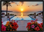 Morze, Zachód słońca, Basen, Palma, Kolorowe, Kwiaty, Donice, Leżaki