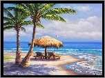 Morze, Plaża, Palmy, Parasol, Leżaki