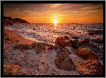 Morze, Fale, Kamienie, Plaża, Breakwater Beach, Piasek, Zachód słońca, Brewster, Massachusetts, Stany Zjednoczone