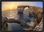 Morze, Wschód słońca, Skały, Most skalny, Lazurowe Okno, Azure Window, Malta, Efekt graficzny, Rybie oko
