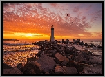 Morze, Kamienie, Zachód słońca, Chmury, Latarnia morska Walton Lighthouse, Santa Cruz, Stan Kalifornia, Stany Zjednoczone