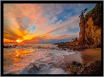 Morze, Victoria Beach, Wieża, La Tour, Klif, Skały, Zachód słońca, Kalifornia, Stany Zjednoczone