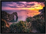 Morze, Wybrzeże Jurajskie, Skały, Durdle Door, Zachód słońca, Anglia