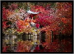 Świątynia, Benten-do, Kompleks, Daigo-ji, Ogród, Park, Most, Staw, Drzewa, Jesień, Kioto, Japonia