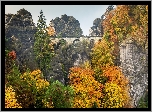 Jesień, Góry Połabskie, Drzewa, Most, Skały, Formacja skalna, Bastei, Park Narodowy Saskiej Szwajcarii, Niemcy