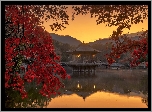 Jesień, Staw, Sagiike, Gałęzie, Most, Altana, Pawilon Ukimido, Zachód słońca, Nara Park, Nara, Japonia