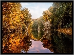 Niemcy, Saksonia, Park Rododendronów Kromlau, Kamienny, Most łukowy, Most Diabła, Jezioro Rakotz, Jesień, Drzewa