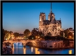 Rzeka, Most, Światła, Notre Dame, Paryż, Francja, Noc