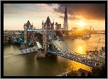 Rzeka, Most, Statki, Wschód, Słońca, Tower Bridge