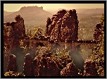 Most, Skały, Formacja skalna, Bastei, Mgła, Góry Połabskie, Park Narodowy Saskiej Szwajcarii, Niemcy