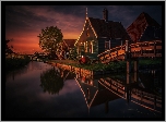 Holandia, Skansen Zaanse Schans, Domy, Rzeka, Zachód słońca, Most
