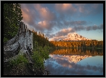 Stany Zjednoczone, Waszyngton, Góra, Stratowulkan, Mount Adams, Jezioro, Takhlakh Lake, Drzewa, Chmury