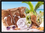 Kompozycja, Muszle, Plaża, Palma, Klapki, Okulary, Kapelusz,  Wakacje