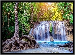 Wodospad, Erawan Waterfall, Drzewo, Korzenie, Park Narodowy Erawan, Prowincja Kanchanaburi, Tajlandia