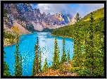 Kanada, Alberta, Park Narodowy Banff, Góry, Canadian Rockies, Jezioro, Moraine Lake, Drzewa, Tęcza