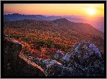 Stany Zjednoczone, Wirginia, Góry, Stony Man Mountain, Park Narodowy Shenandoah, Zachód słońca, Skały, Jesień