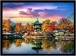 Jesień, Drzewa, Góry, Pagoda, Staw, Most, Chmury, Niebo