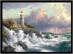 Morze, Niebo, Latarnia, Morska, Wybrzeże, Fale, Thomas Kinkade
