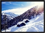 Zima, Śnieg, Alpy, Góry, Domki, Promienie, Słońca