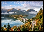 Niemcy, Bawaria, Góry Alpy, Jezioro Sylvenstein, Zbiornik retencyjny, Most, Las, Droga, Jesień, Chmury