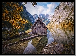 Niemcy, Bawaria, Park Narodowy Berchtesgaden, Dom, Jezioro Obersee, Kamienie, Góry Alpy, Drzewa, Drewniana, Chata, Jesień