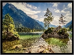 Jezioro Hintersee, Drzewa, Skały, Góry Alpy, Mgła, Domy, Bawaria, Niemcy