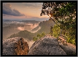 Park Narodowy Saskiej Szwajcarii, Góry Połabskie, Skały, Drzewo, Ławka, Niemcy