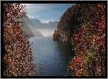 Jesień, Góry, Jezioro, Konigssee, Drzewa, Mgła, Bawaria, Niemcy