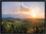 Promienie słońca, Wzgórza, Pola, Drzewa, Las, Góry, Kaiserstuhl, Niemcy