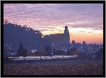 Kościół, Domy, Zachód słońca, Miasto Herrenberg, Badenia-Wirtembergia, Niemcy