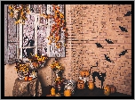 Halloween, Dom, Dynie, Koszyki, Ozdoby, Kwiaty, Koty czarne, Liście, Nietoperze