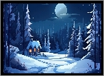 Zima, Dom, Drzewa, Noc, Księżyc, Grafika