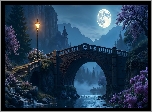 Góry, Rzeka, Most, Noc, Księżyc, Drzewa, Latarnia