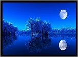 Noc, Księżyc, Woda, Drzewa