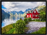 Norwegia, Fiord Sognefjorden, Góry, Czerwony, Dom