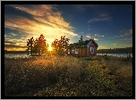 Ringerike, Norwegia, Jezioro, Zachód Słońca, Dom, Trzciny, Drzewa
