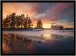 Ringerike, Norwegia, Zima, Jezioro, Domek, Zachód Słońca, Drzewa