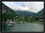 Norwegia, Geiranger, Jezioro, Miasto, Góry, Lasy