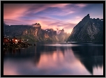 Norwegia, Wioska Hamnoy, Góry, Morze, Lofoty